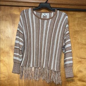 BKE Brown and Cream Striped Sweater with fringe detailed bottom